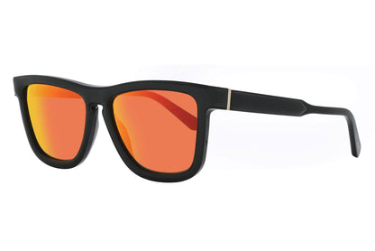 Sunglasses with black frame and red-orange lenses on a white background