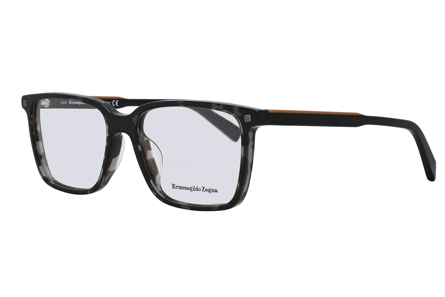 Black eyeglasses with 'Ermenegildo Zegna' logo on a white background
