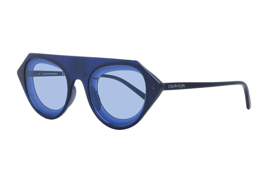 Blue sunglasses with a Calvin Klein logo on a white background