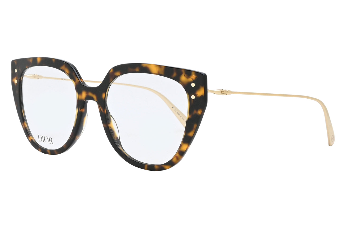 Tortoiseshell cat-eye glasses with gold accents on a white background