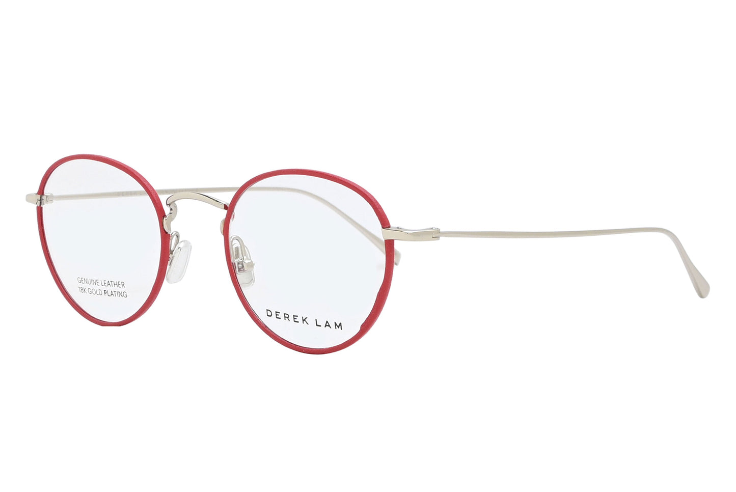 Red and gold eyeglasses with 'Derek Lam' branding on a white background