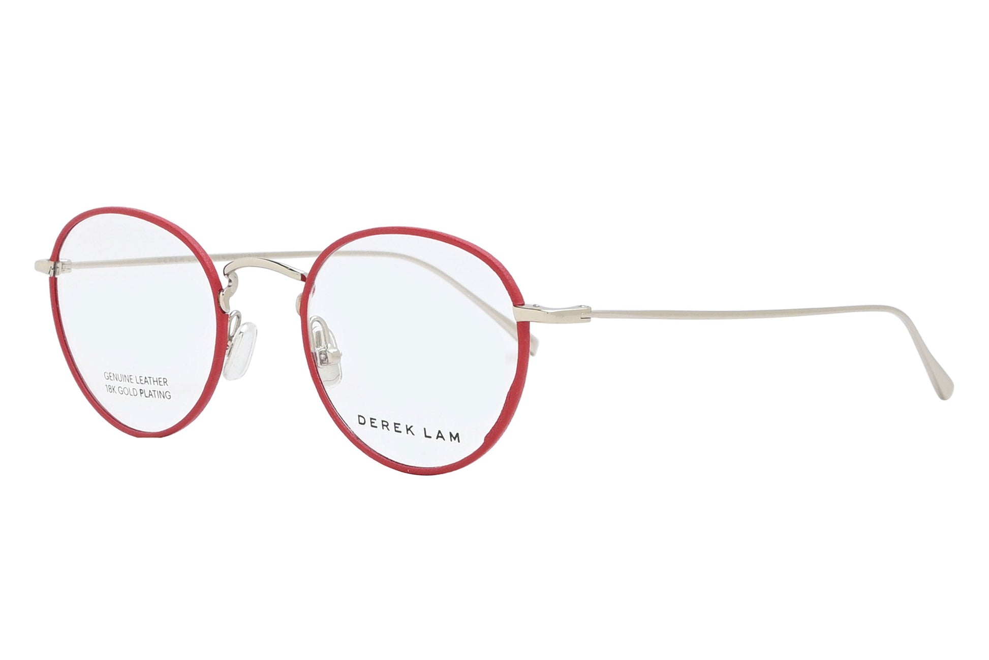 Red and gold eyeglasses with 'Derek Lam' branding on a white background