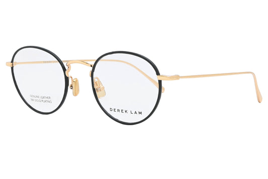 Round eyeglasses with gold frame and black lenses on a white background