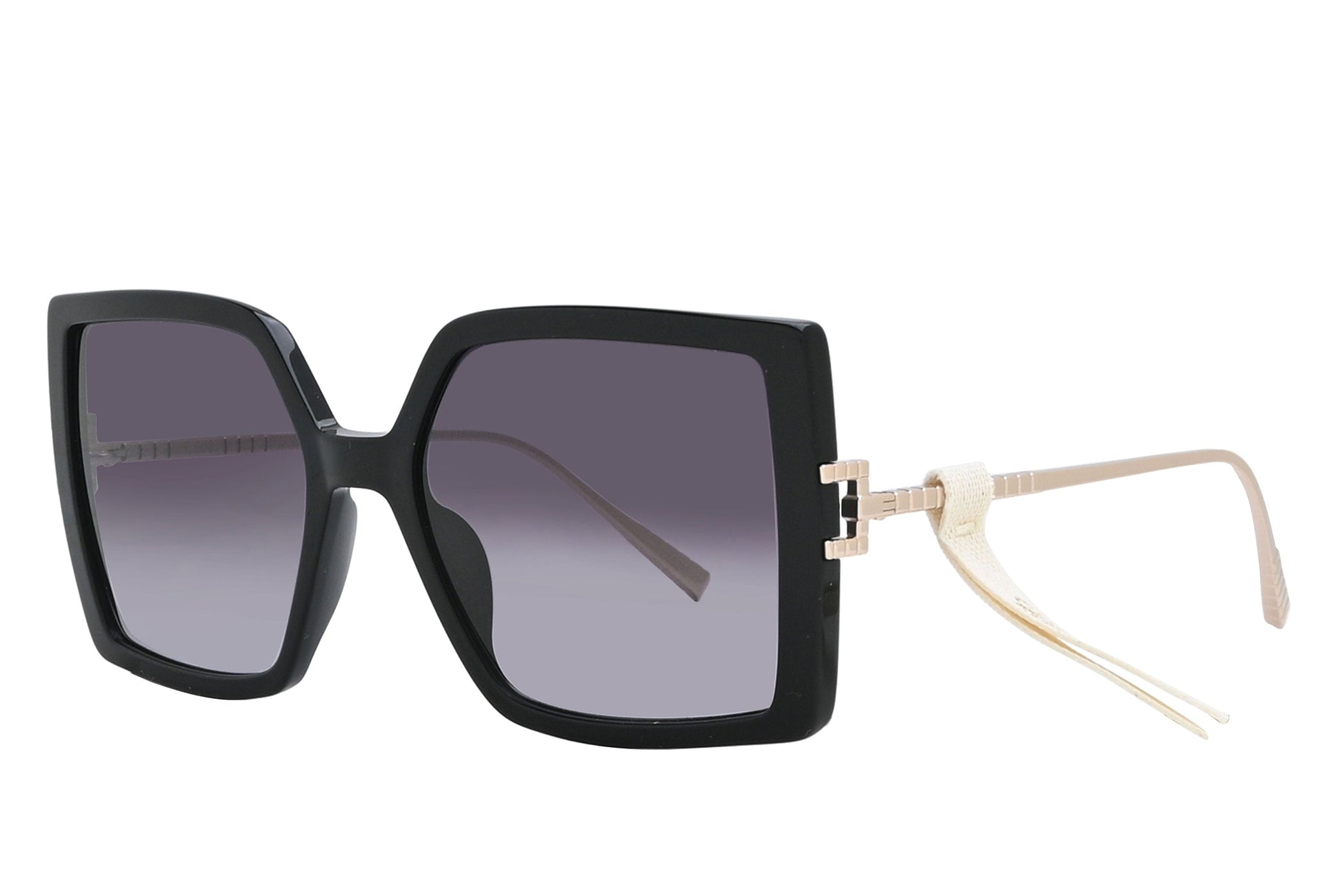 Black sunglasses with a beige arm on a white background