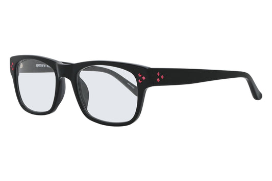 Black eyeglasses with red accents on a white background