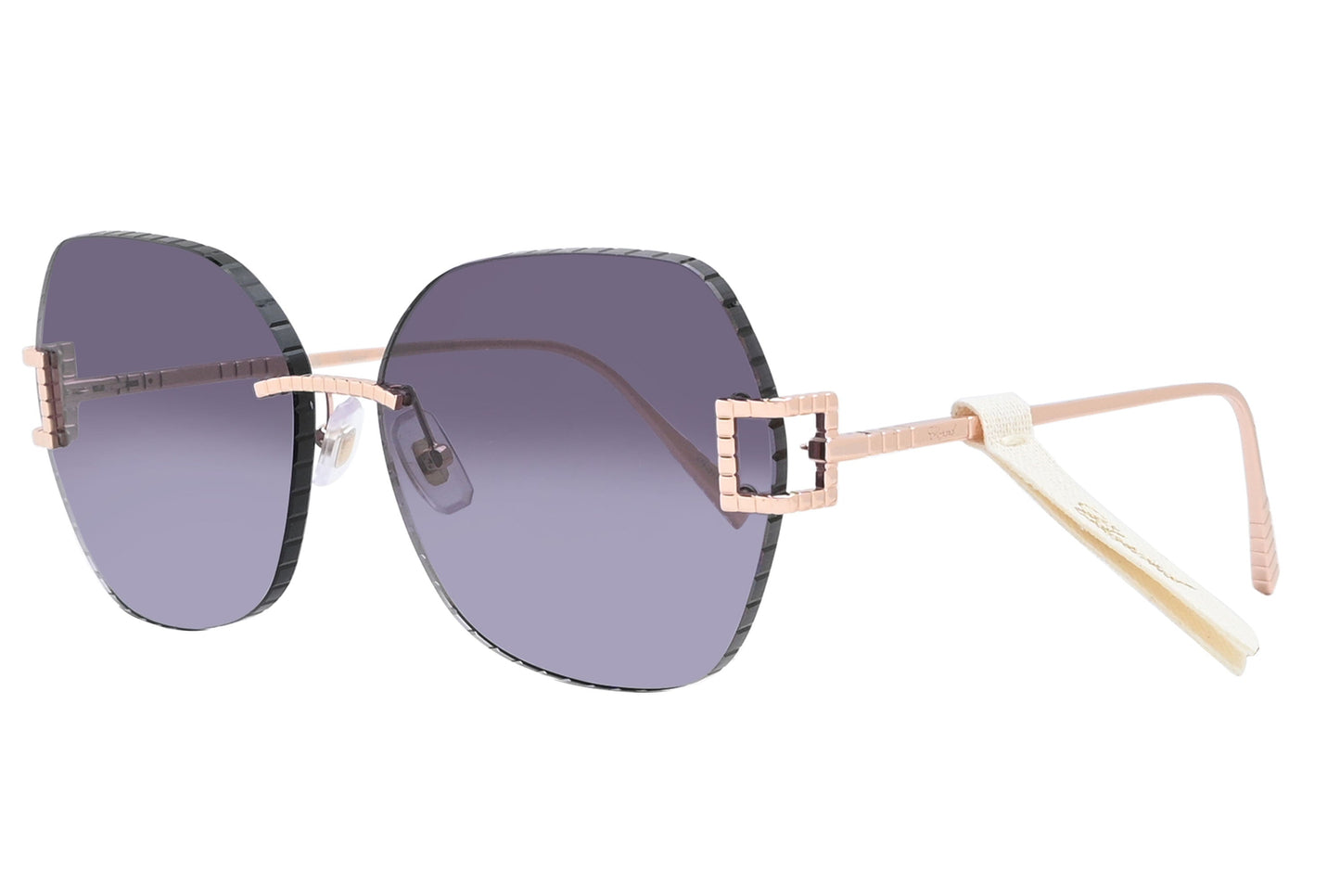 Sunglasses with a rose gold frame and gradient lenses on a white background