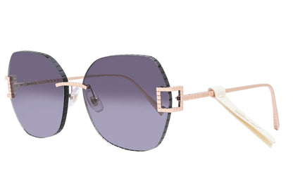 Sunglasses with a rose gold frame and gradient lenses on a white background