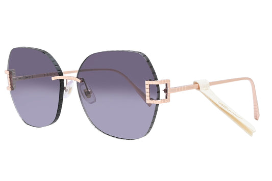 Sunglasses with a rose gold frame and gradient lenses on a white background