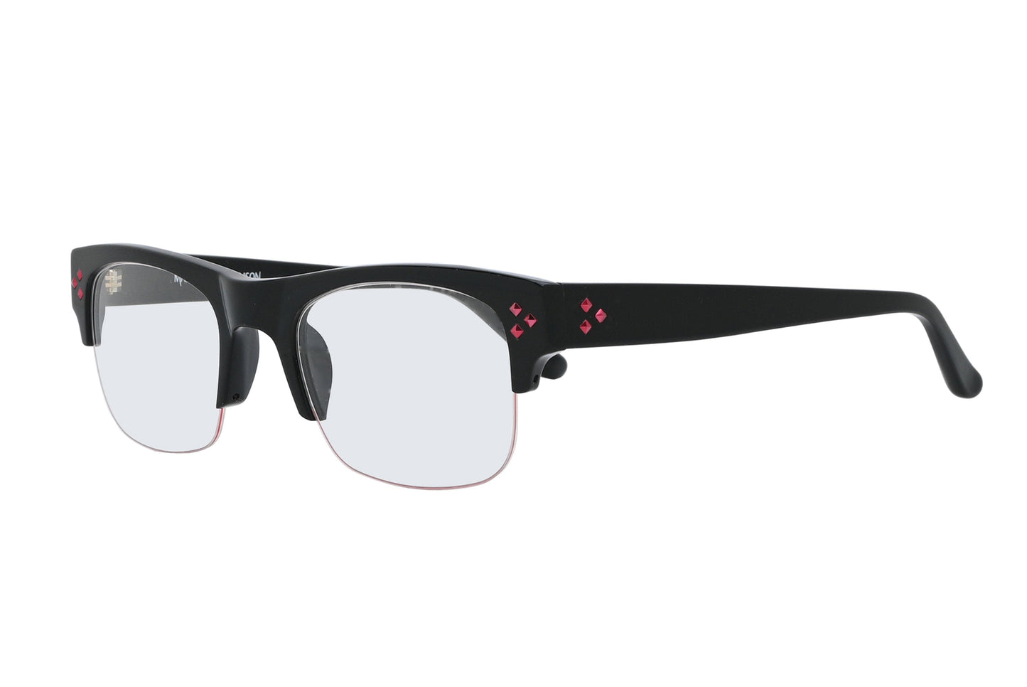 Black eyeglasses with heart designs on a white background