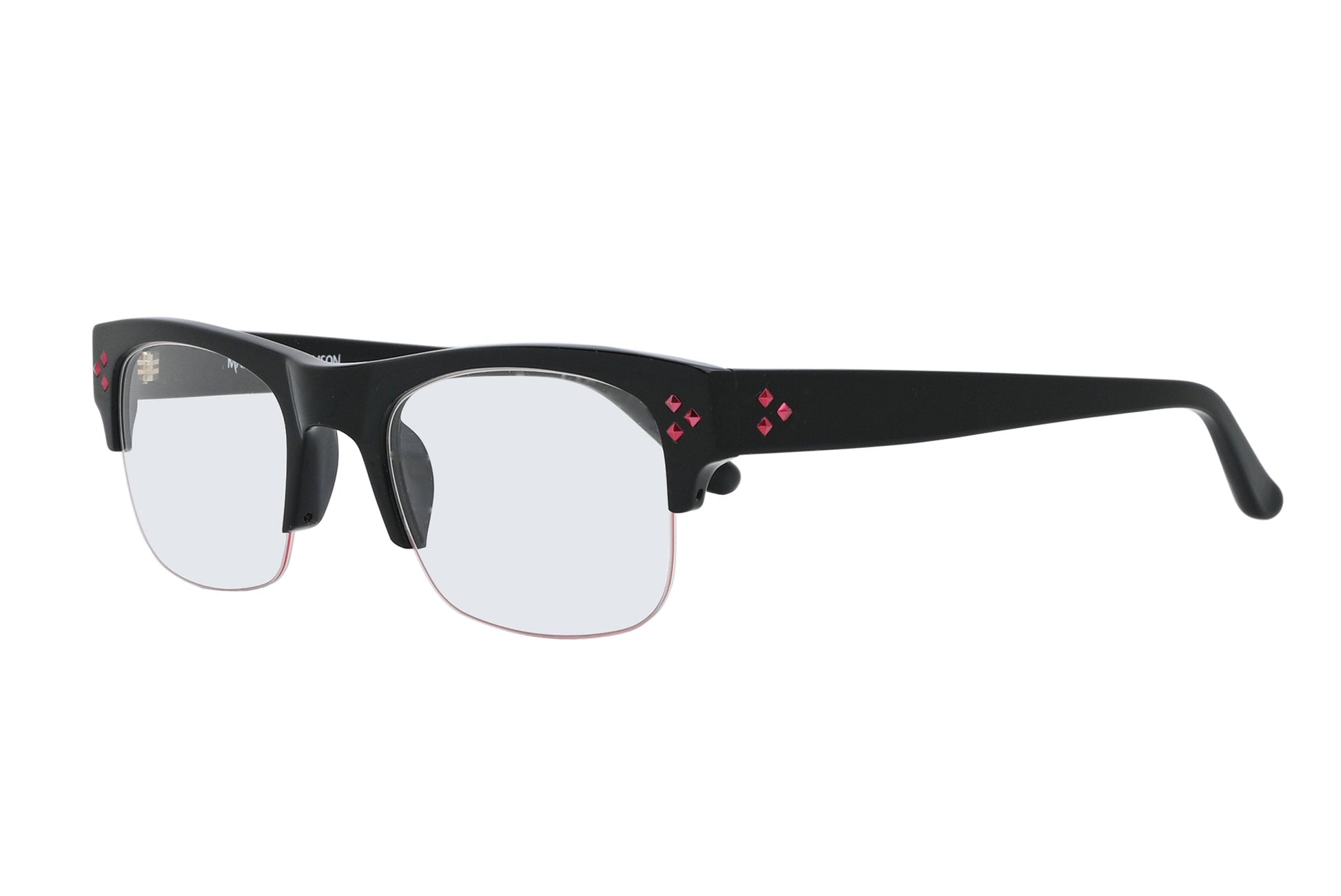 Black eyeglasses with heart designs on a white background