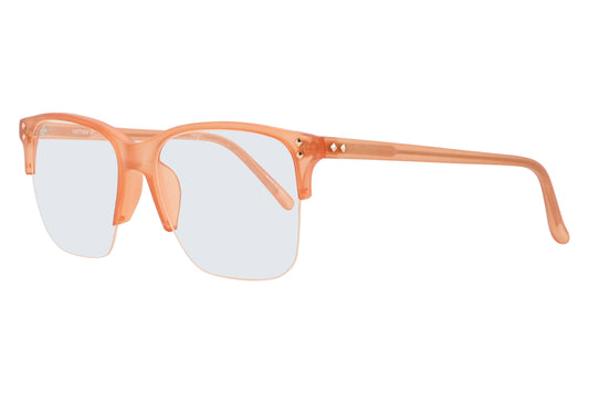 Clear-framed glasses with a peach-colored frame on a white background