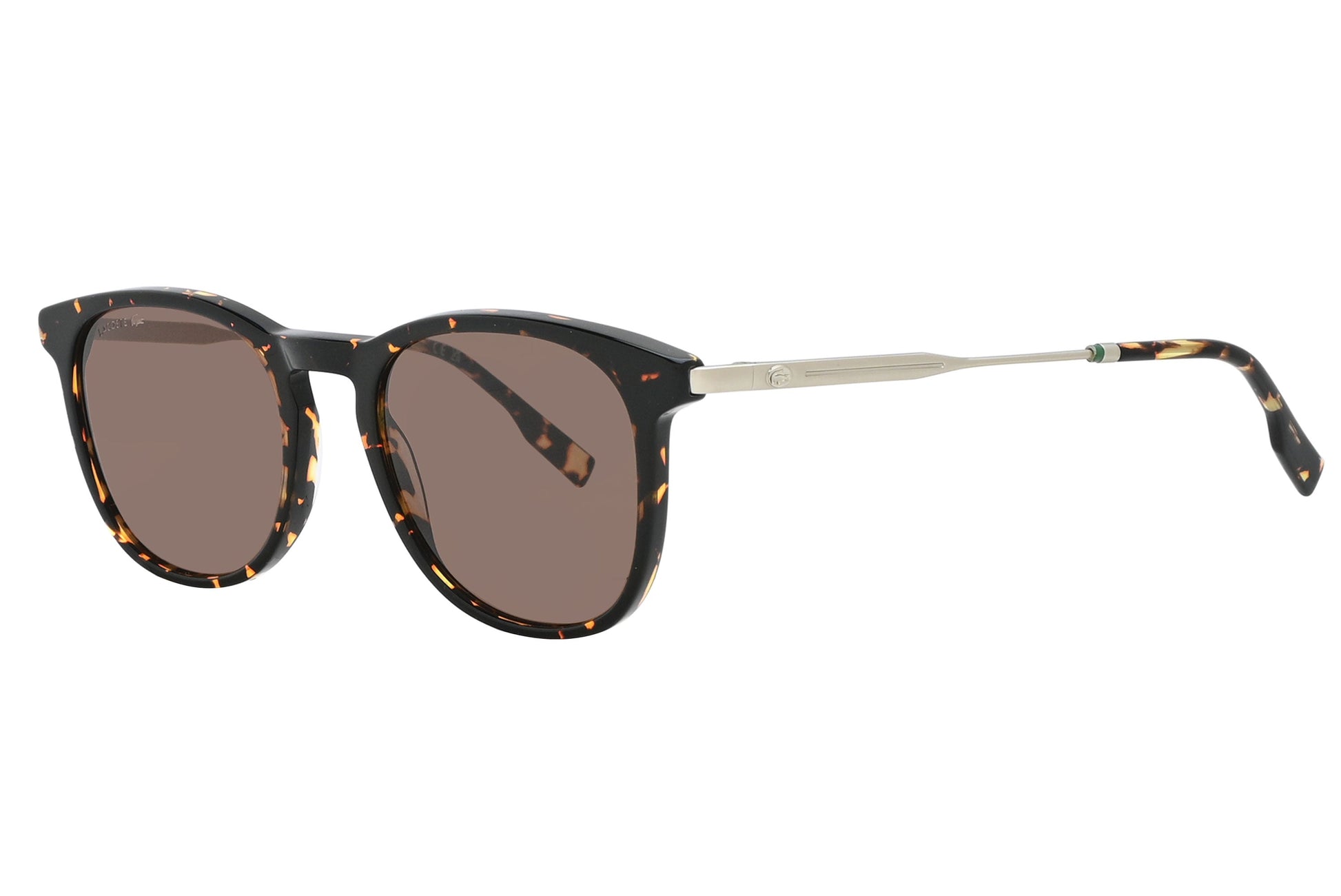 Sunglasses with tortoiseshell frame and brown lenses on a white background