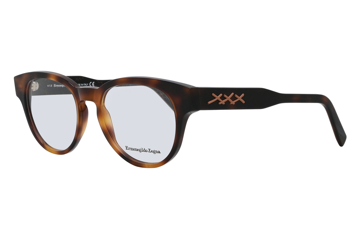 Eyeglasses with tortoiseshell frame and clear lenses on a white background