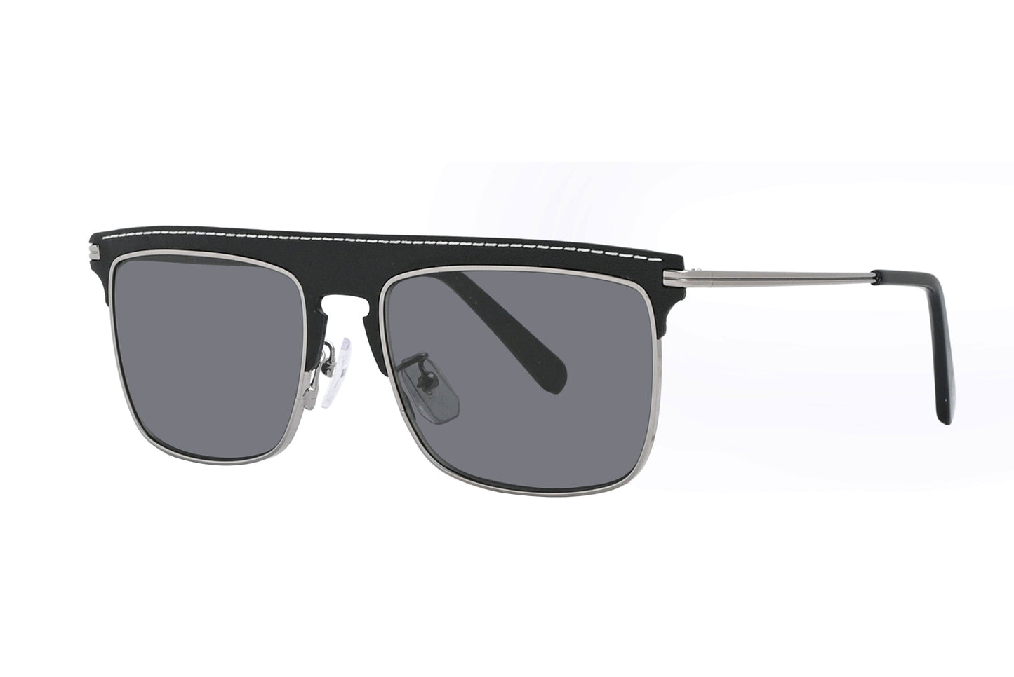 Sunglasses with black frame and gray lenses on a white background