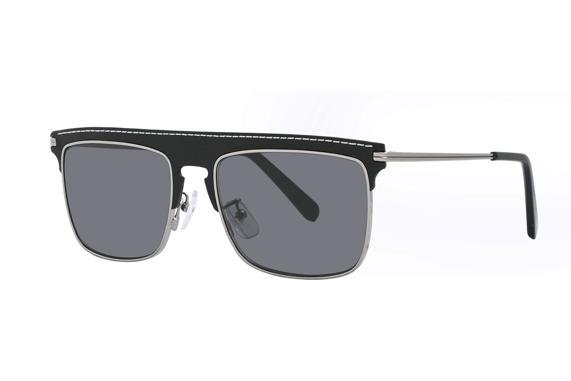 Sunglasses with black frame and gray lenses on a white background