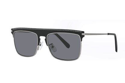 Sunglasses with black frame and gray lenses on a white background