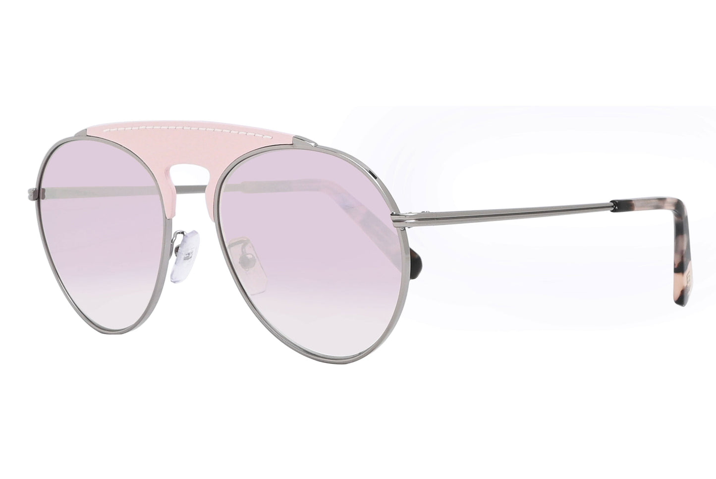 Sunglasses with pink gradient lenses and silver frame on a white background