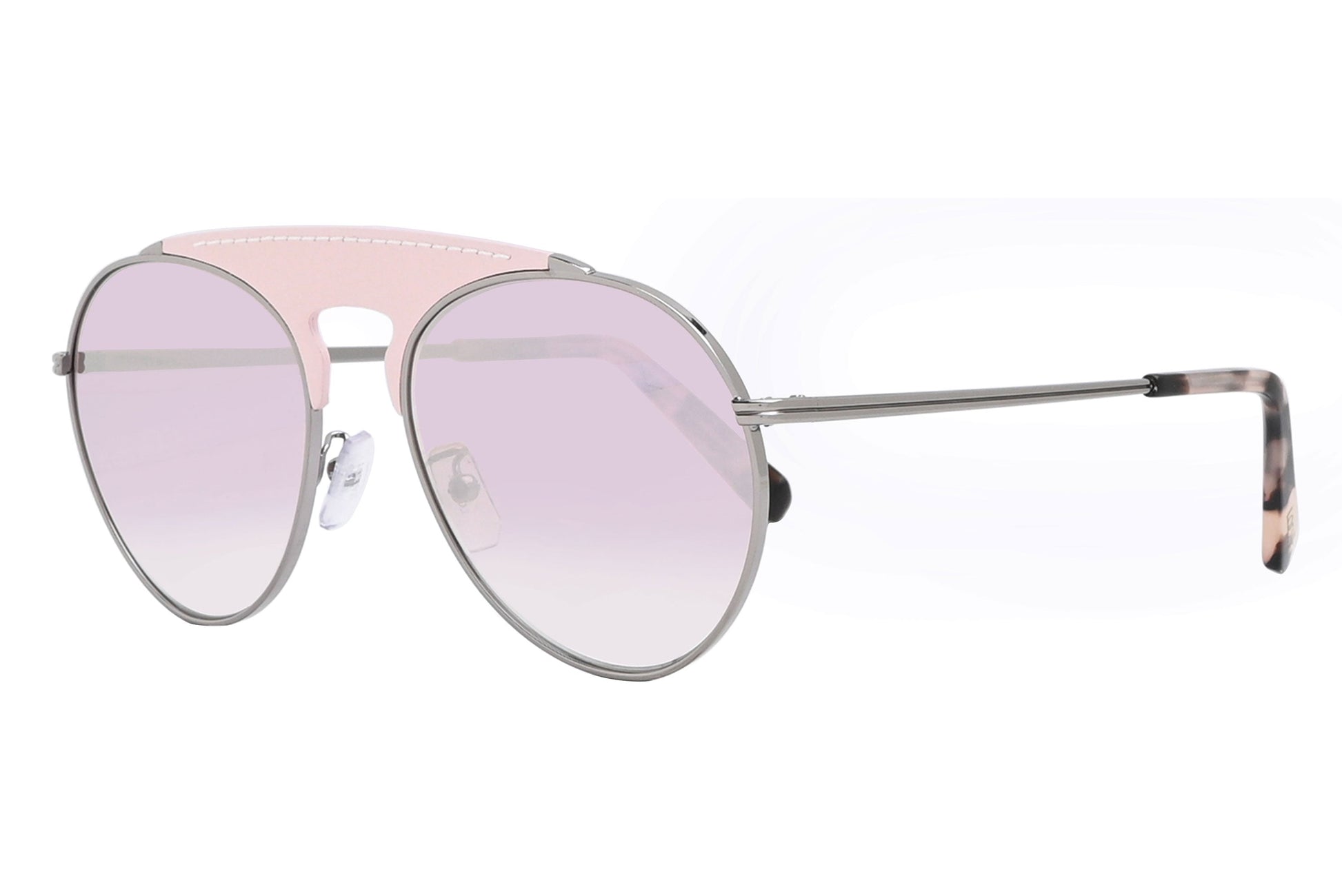 Sunglasses with pink gradient lenses and silver frame on a white background