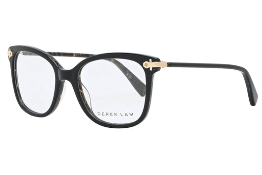Black eyeglasses with gold accents on a white background