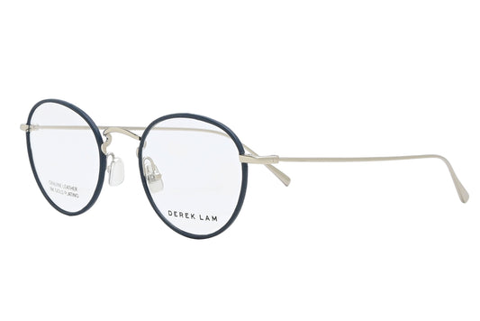 Round eyeglasses with black frames and gold accents on a white background