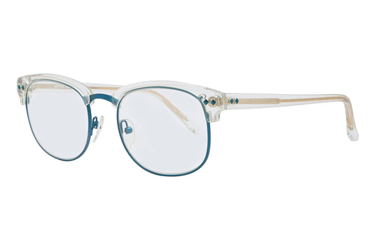 Eyeglasses with a clear frame and blue lenses on a white background