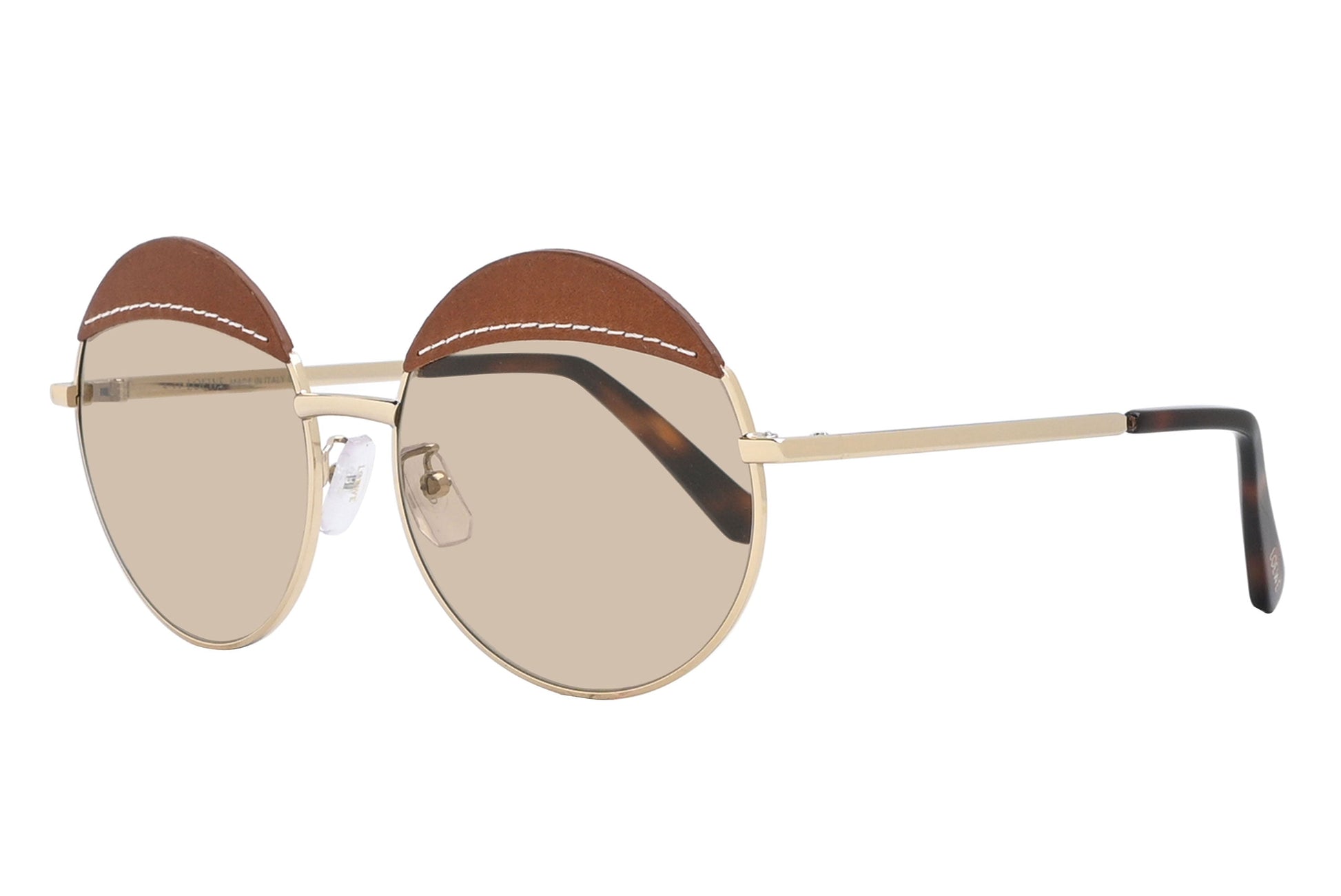 Round sunglasses with gold frame and brown lenses on a white background