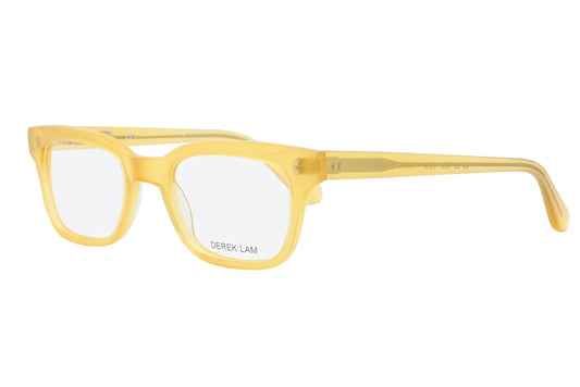 Yellow eyeglasses with 'Derek Lam' branding on a white background