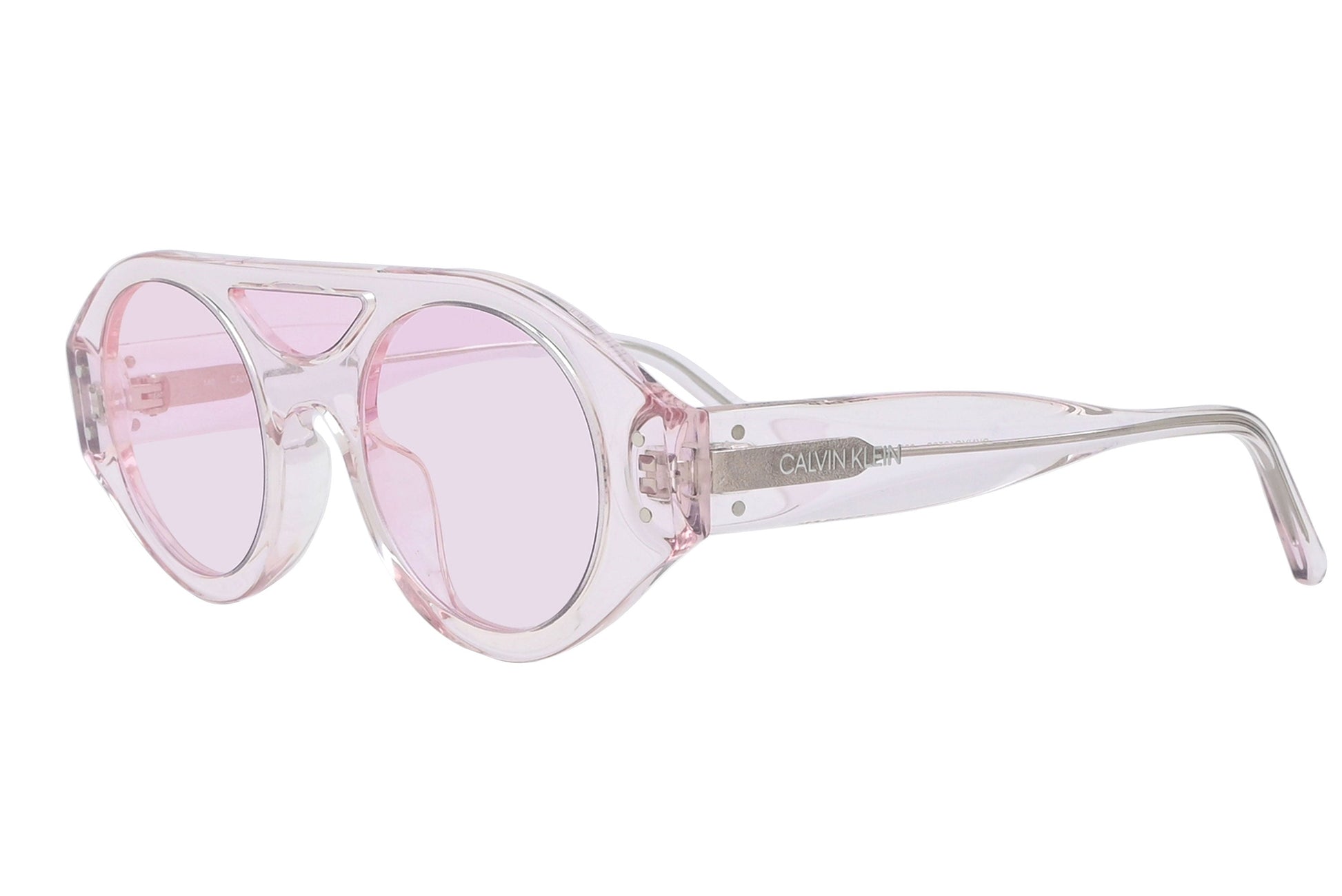 Sunglasses with pink lenses and clear frame on a white background