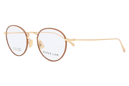 Gold-rimmed eyeglasses with 'Derek Lam' branding on a white background
