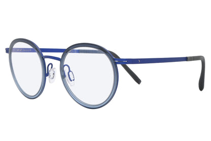 Round eyeglasses with blue frame on a white background