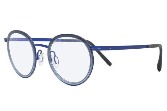 Round eyeglasses with blue frame on a white background
