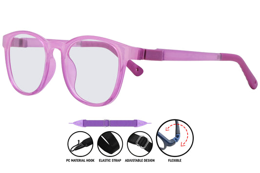 light purple round eyeglasses highlighting slim temples and fit.