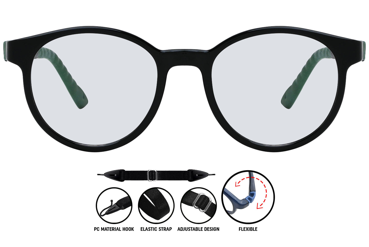 Coline black green round eyeglasses, front view, unique style frames

