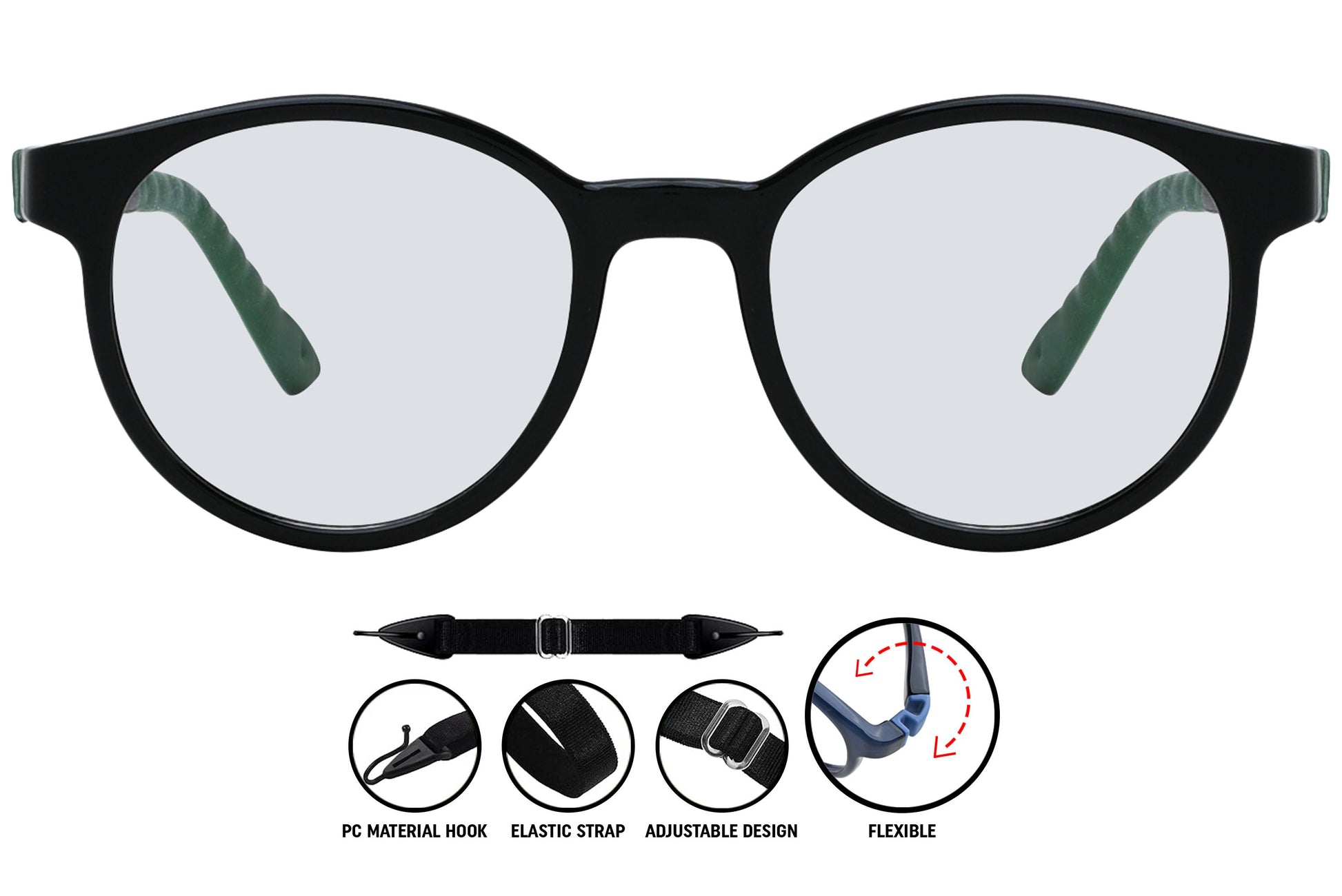 Coline black green round eyeglasses, front view, unique style frames

