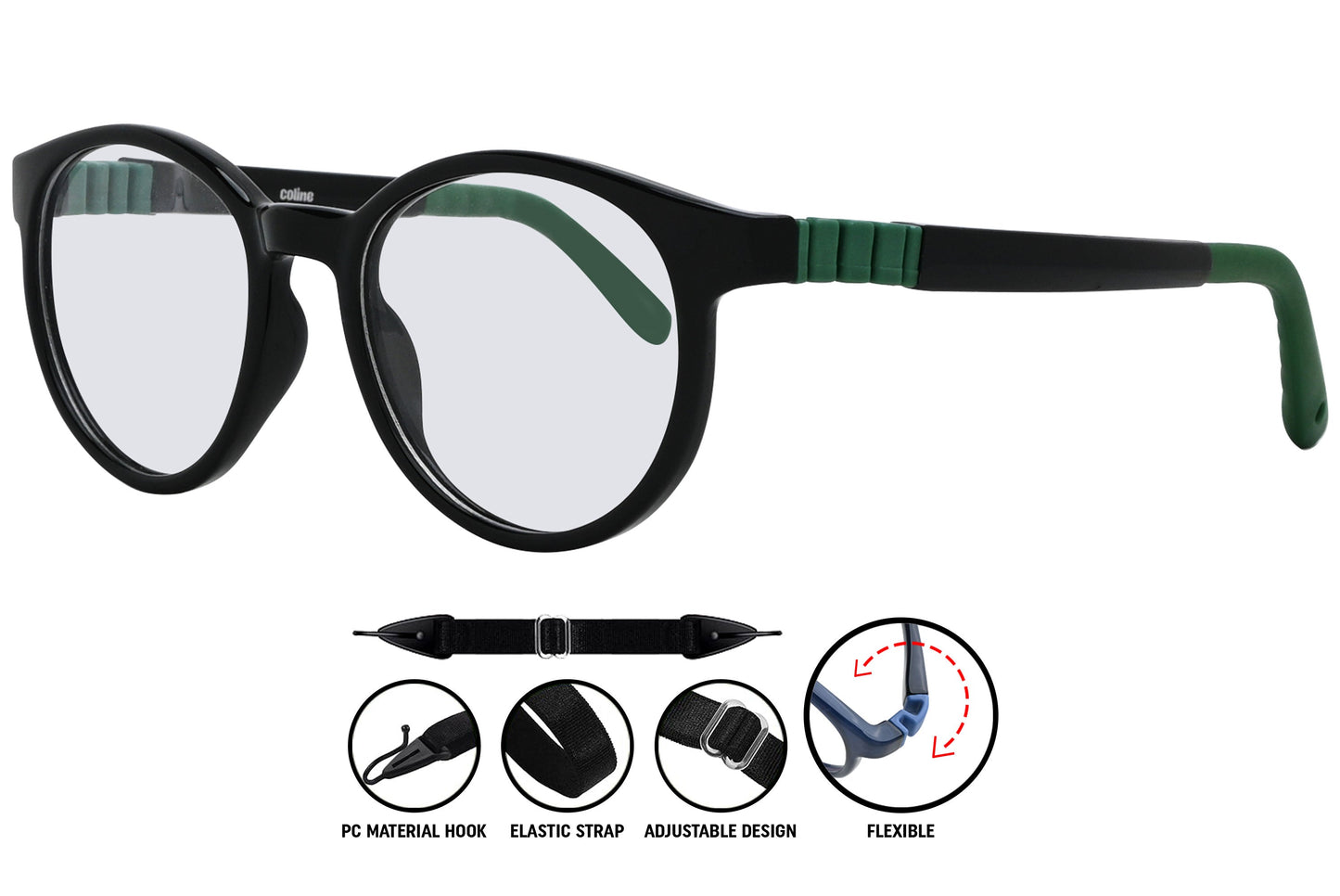 Close-up of Coline black green round eyeglasses frame, showing subtle two-tone finish and smooth contours
