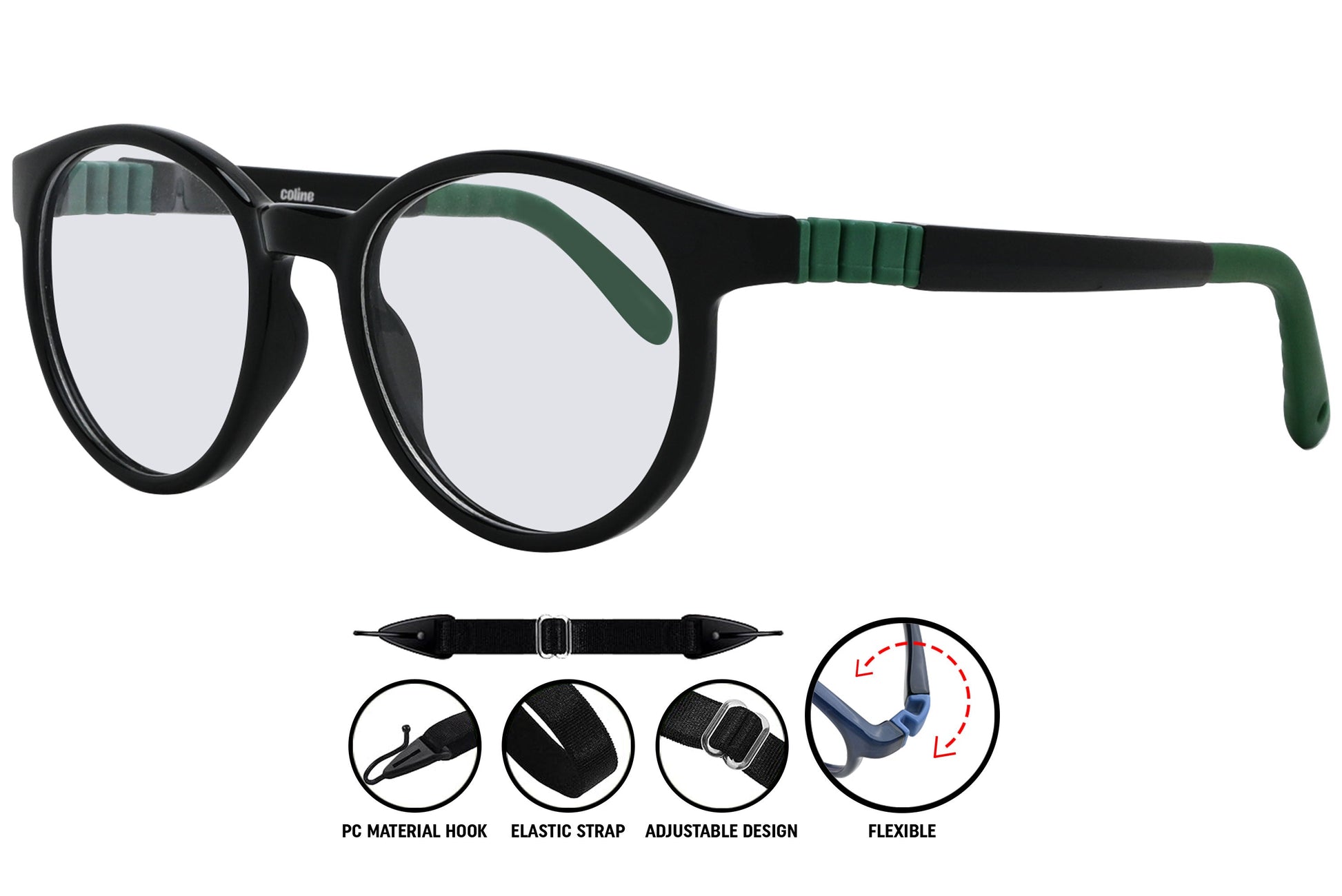 Close-up of Coline black green round eyeglasses frame, showing subtle two-tone finish and smooth contours