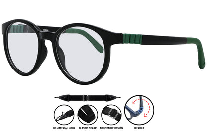 Close-up of Coline black green round eyeglasses frame, showing subtle two-tone finish and smooth contours