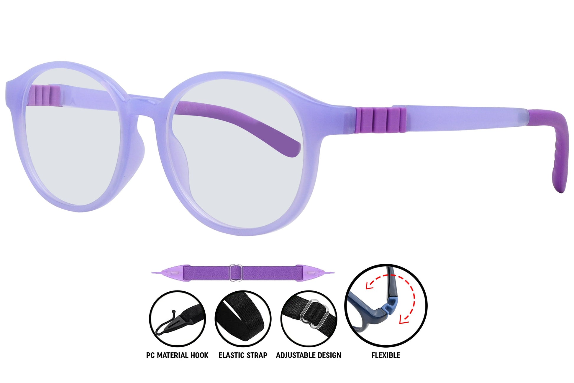 Close-up of purple aviator eyeglasses frame, showing vibrant finish and sleek design

