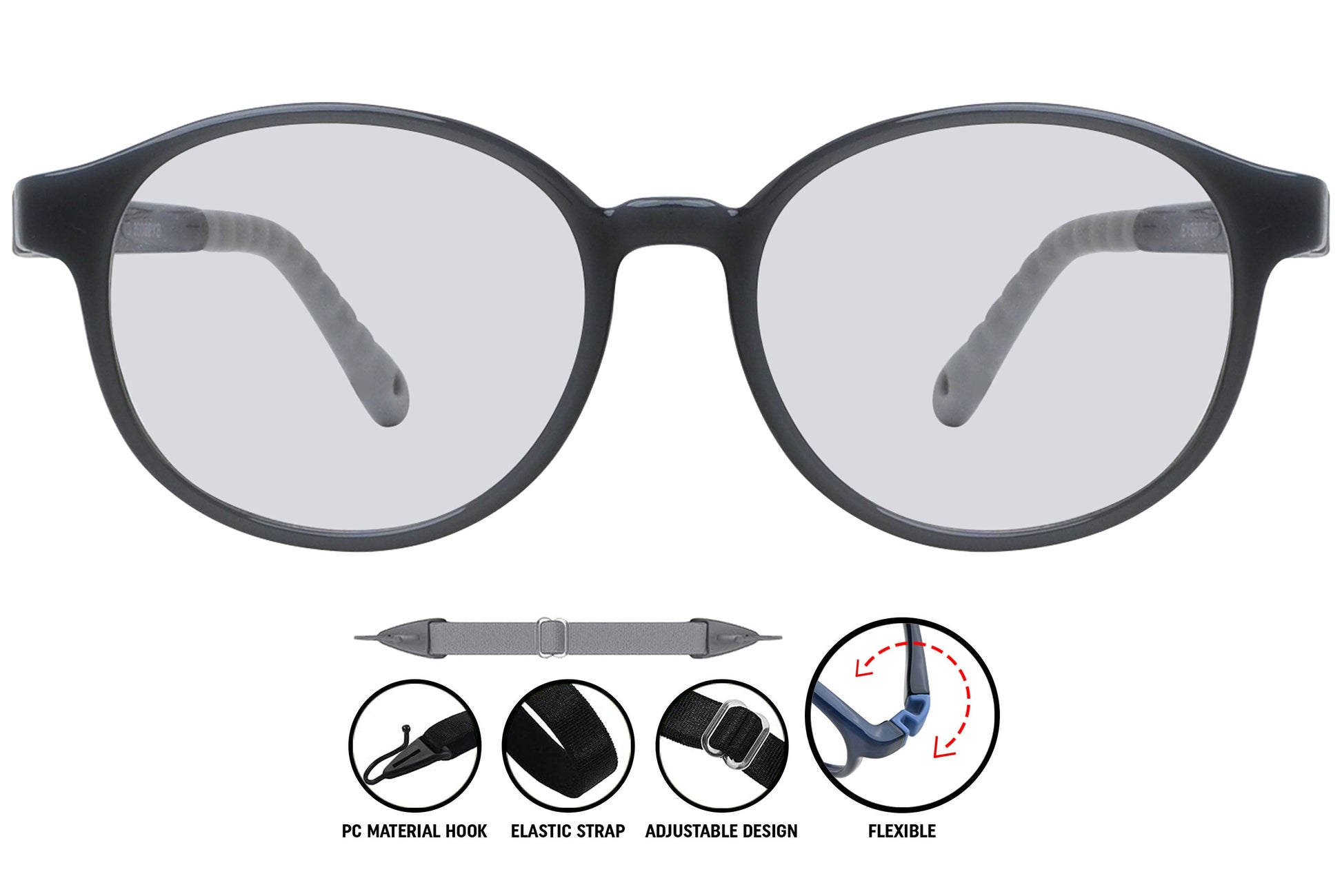 Coline black grey round eyeglasses, front view, modern style frames