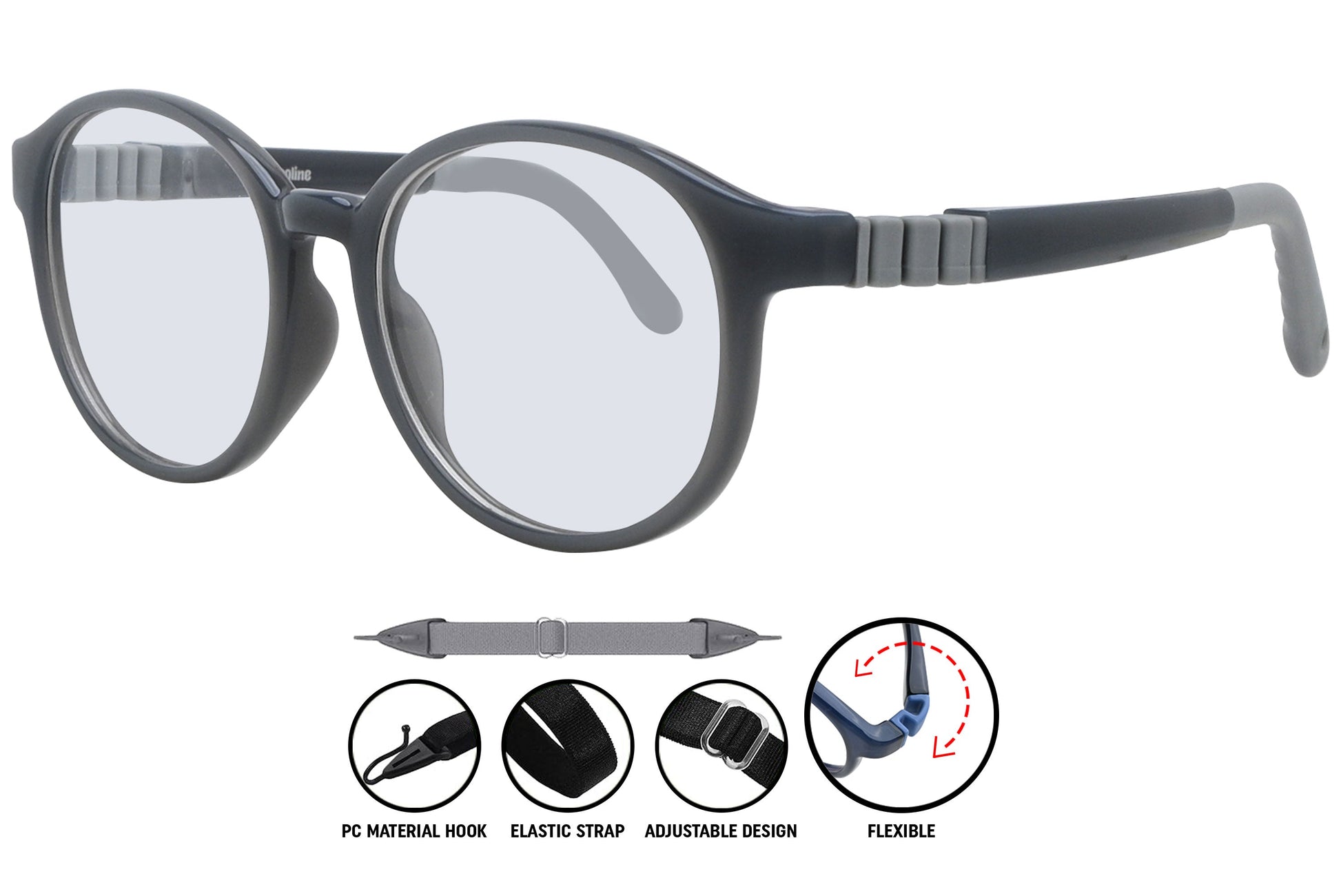 Close-up of Coline black grey round eyeglasses frame, showing subtle two-tone finish and smooth contours