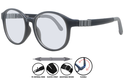 Close-up of Coline black grey round eyeglasses frame, showing subtle two-tone finish and smooth contours