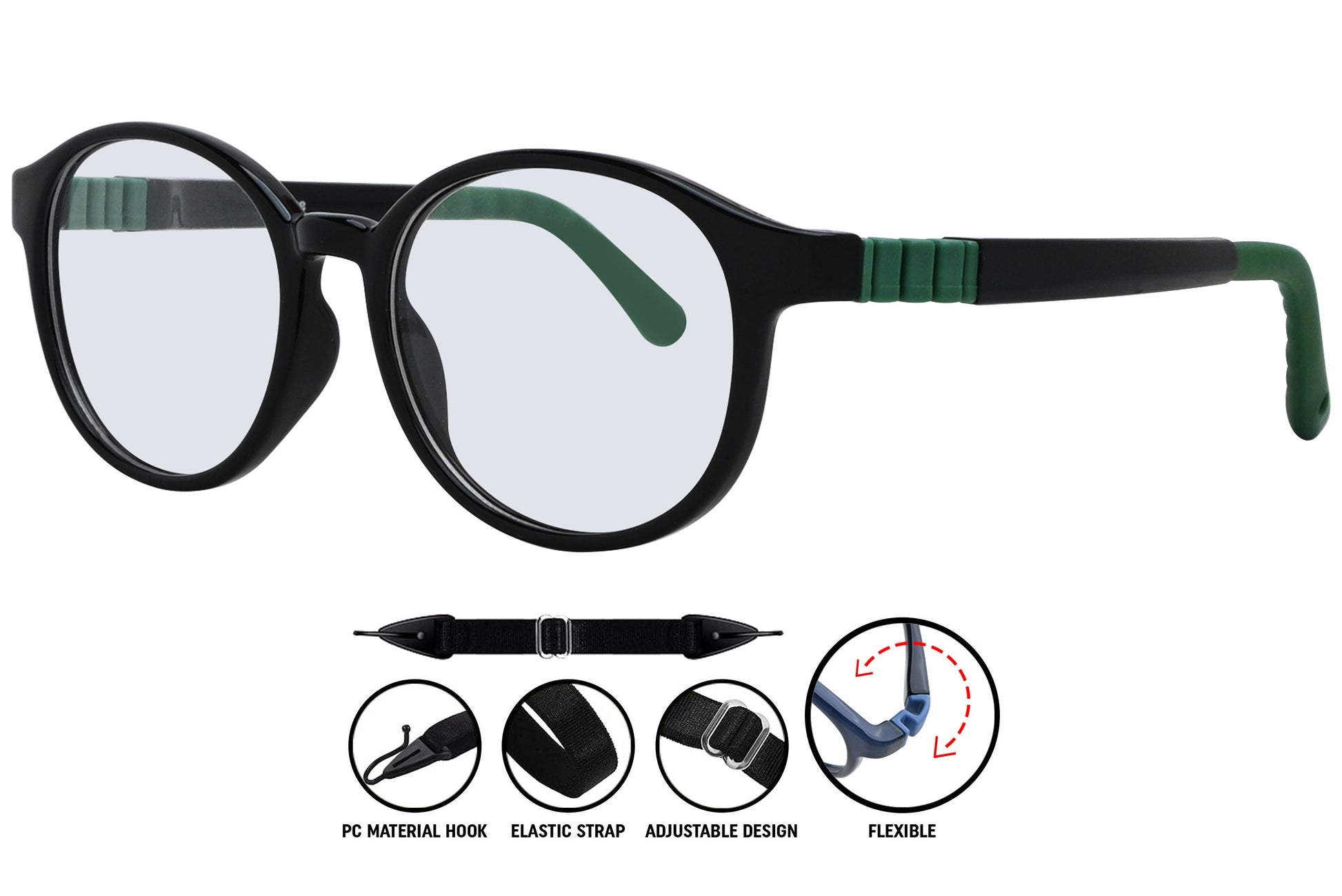 Side angle of black-green aviator eyeglasses showing color detail and temple design.