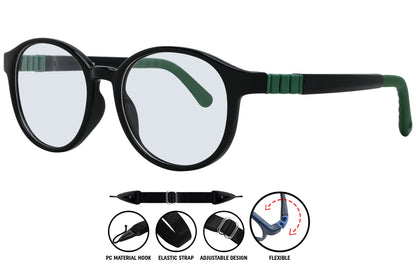 Side angle of black-green aviator eyeglasses showing color detail and temple design.