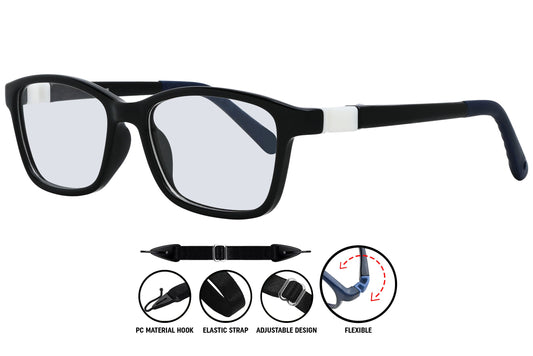 black rectangle eyeglasses showing slim arms and modern profile.