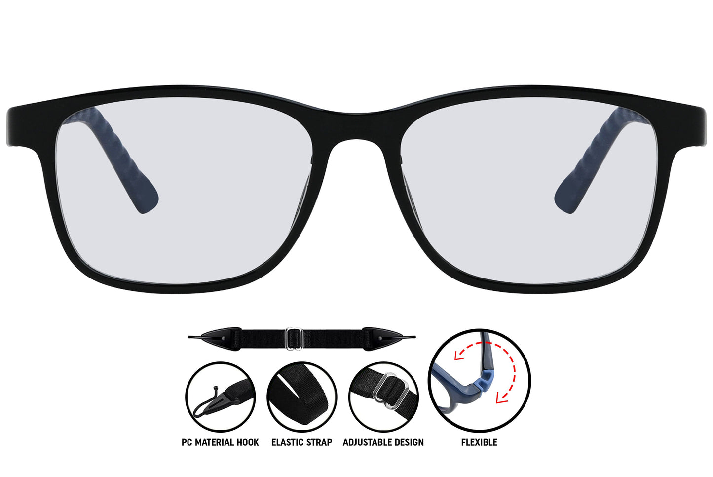 Close-up of C1 rectangle eyeglasses with black and white color contrast and modern frame detailing.