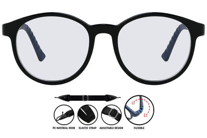 black round eyeglasses showing front frame details and texture.