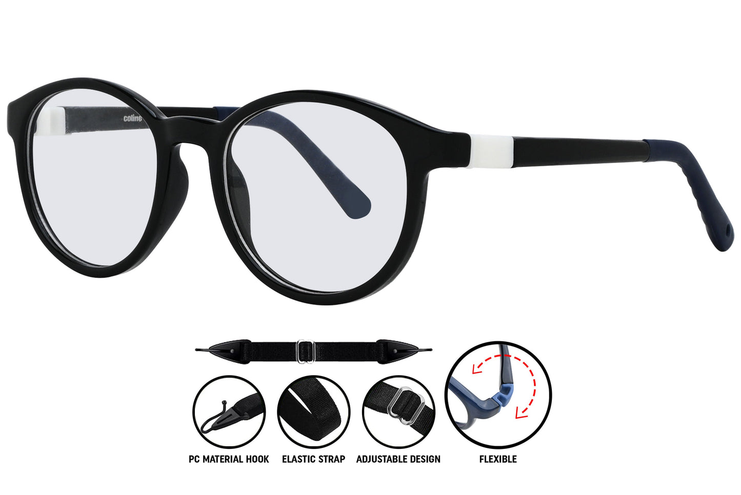 black round eyeglasses displaying slim arms and fit.