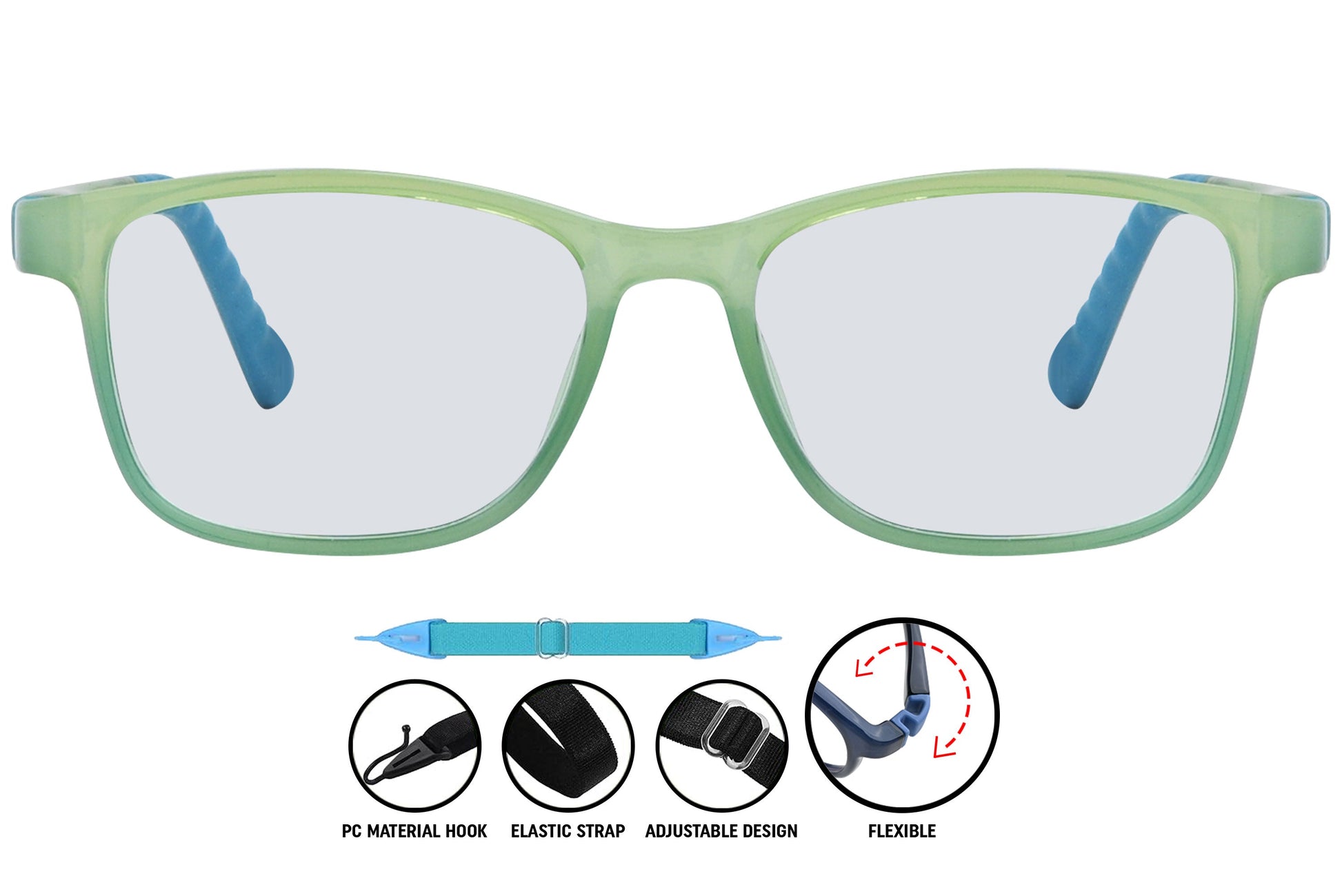 Close-up view of C11 light green rectangle eyeglasses showing frame texture and color detail.
