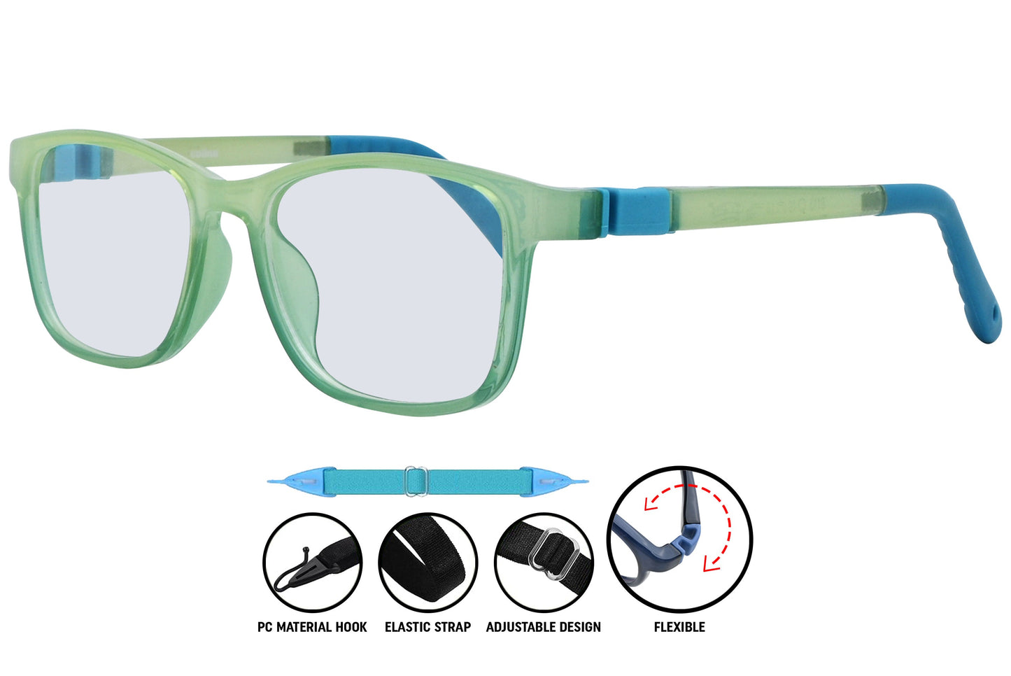 Side view of C11 light green rectangle eyeglasses highlighting arm design and slim profile.