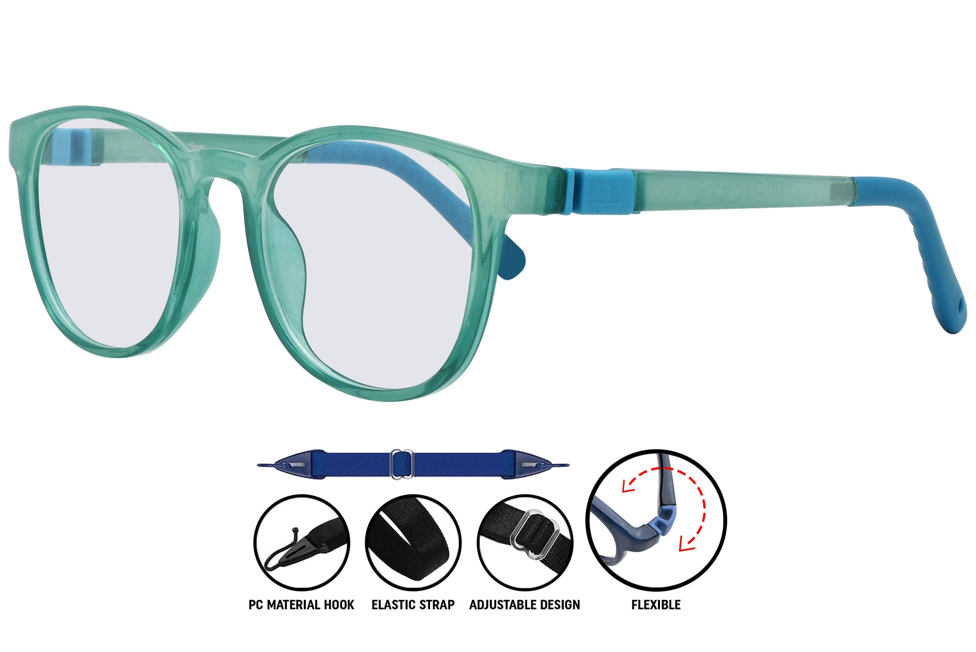 mint green round eyeglasses showing temple arms and lightweight fit.